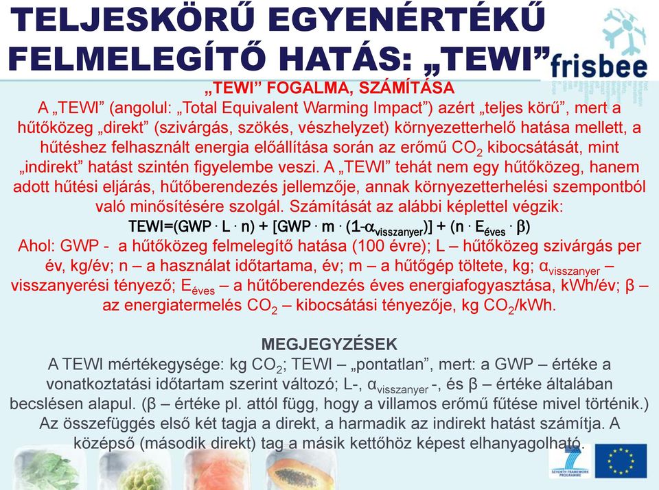 A TEWI tehát nem egy hűtőközeg, hanem adott hűtési eljárás, hűtőberendezés jellemzője, annak környezetterhelési szempontból való minősítésére szolgál. Számítását az alábbi képlettel végzik: TEWI=(GWP.
