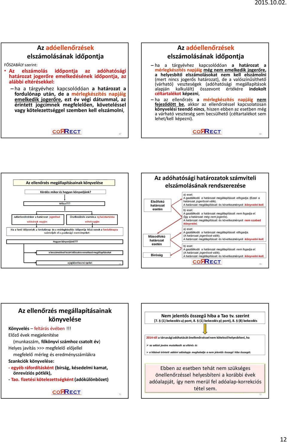 adóellenőrzések elszámolásának időpontja ha a tárgyévhez kapcsolódóan a határozat a mérlegkészítés napjáig még nem emelkedik jogerőre, a helyesbítő elszámolásokat nem kell elszámolni (mert nincs