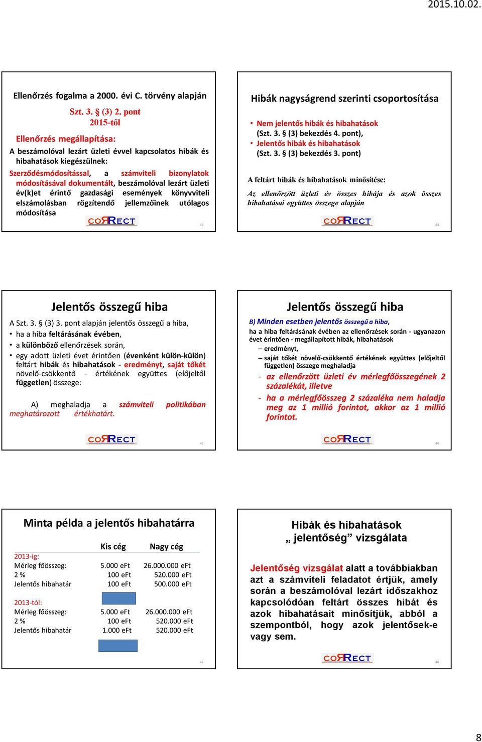 beszámolóval lezárt üzleti év(k)et érintő gazdasági események könyvviteli elszámolásban rögzítendő jellemzőinek utólagos módosítása 43 Hibák nagyságrend szerinti csoportosítása Nem jelentős hibák és