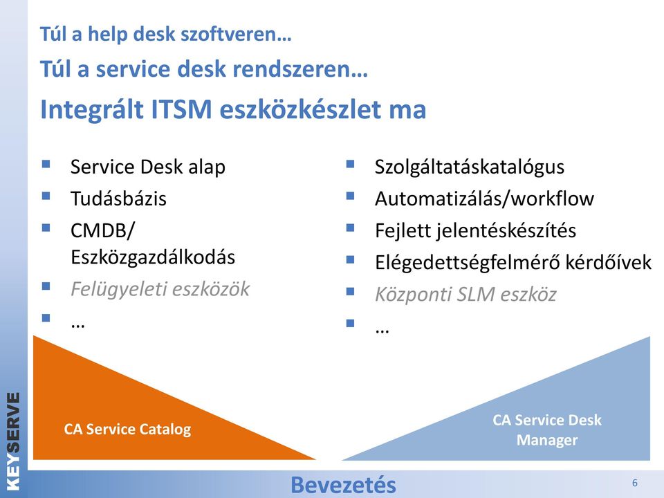 eszközök Szolgáltatáskatalógus Automatizálás/workflow Fejlett jelentéskészítés