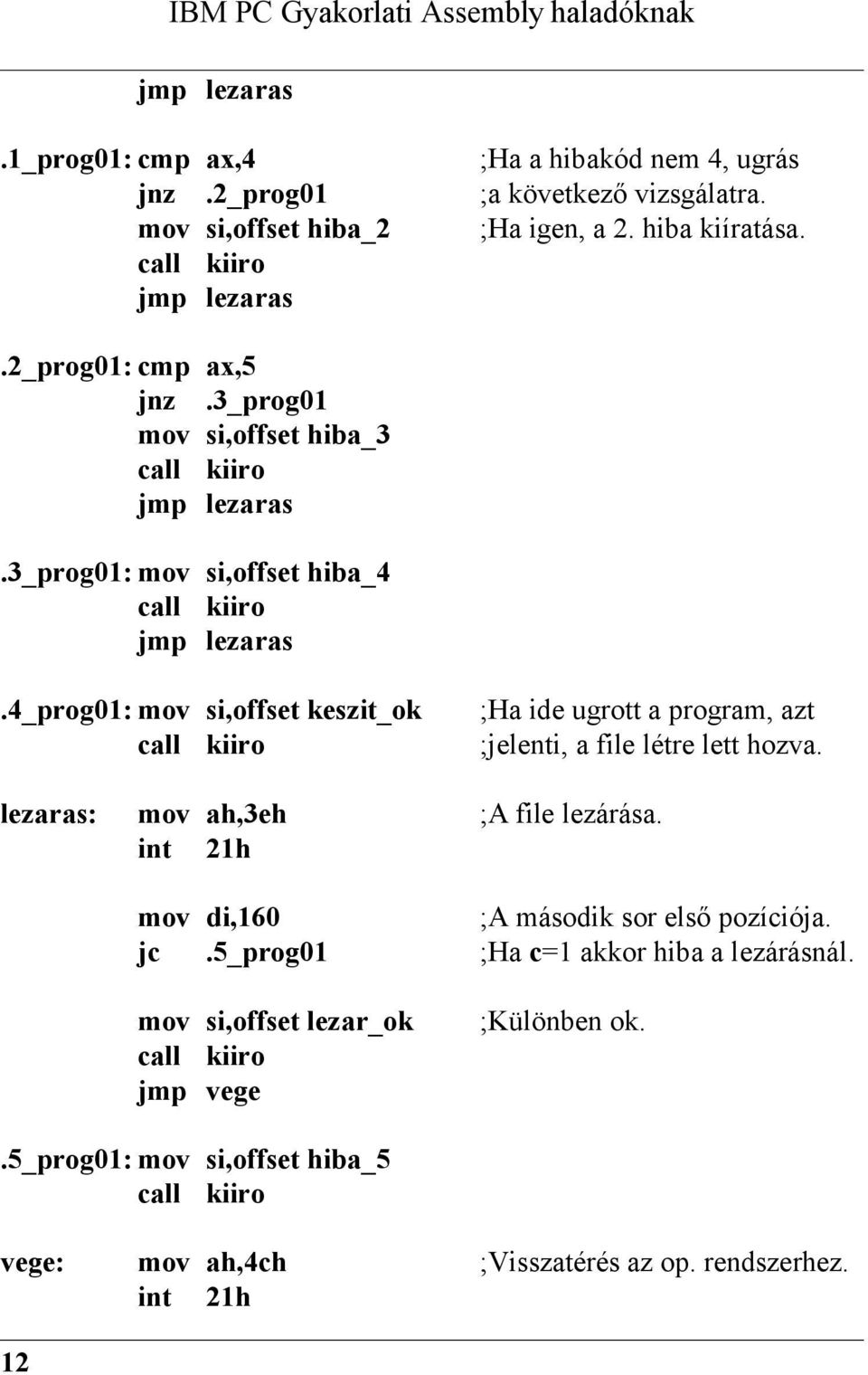 4_prog01: mov si,offset keszit_ok ;Ha ide ugrott a program, azt call kiiro ;jelenti, a file létre lett hozva. lezaras: mov ah,3eh ;A file lezárása.