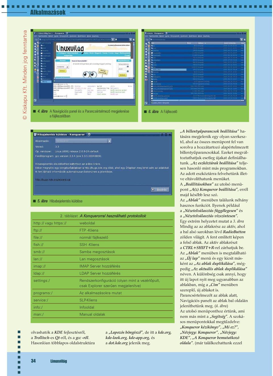 táblázat A Konquerorral használható protokollok weboldal FTP -Kliens normál fájlkezelõ SSH -Kliens olvashatók a KDE fejlesztésrõl, a Trolltech-es Qt-rõl, és a gcc -rõl.