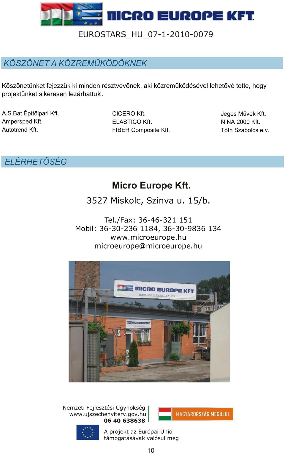 FIBER Composite Kft. Jeges Mûvek Kft. NINA 2000 Kft. Tóth Szabolcs e.v. ELÉRHETÕSÉG Micro Europe Kft.