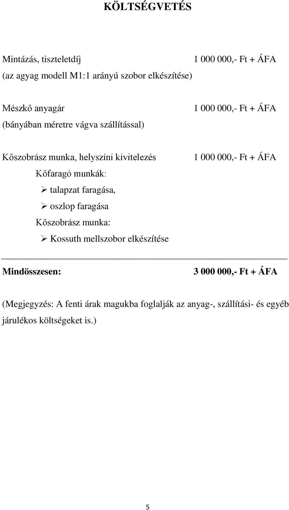 Kőfaragó munkák: talapzat faragása, oszlop faragása Kőszobrász munka: Kossuth mellszobor elkészítése Mindösszesen: 3 000