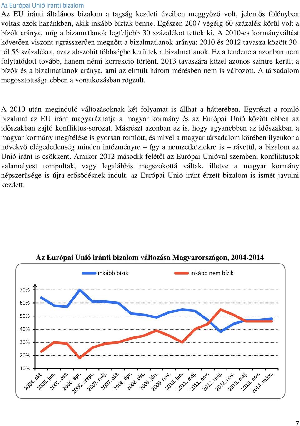 A 2010-es kormányváltást követően viszont ugrásszerűen megnőtt a bizalmatlanok aránya: 2010 és 2012 tavasza között 30- ról 55 százalékra, azaz abszolút többségbe kerültek a bizalmatlanok.