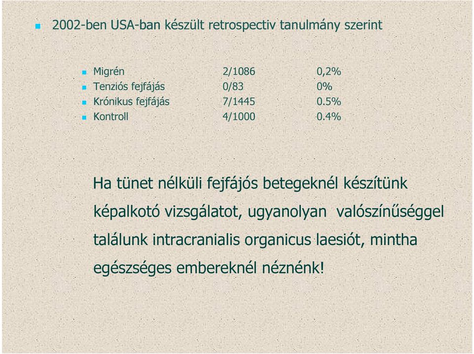 4% Ha tünet nélküli fejfájós betegeknél készítünk képalkotó vizsgálatot,