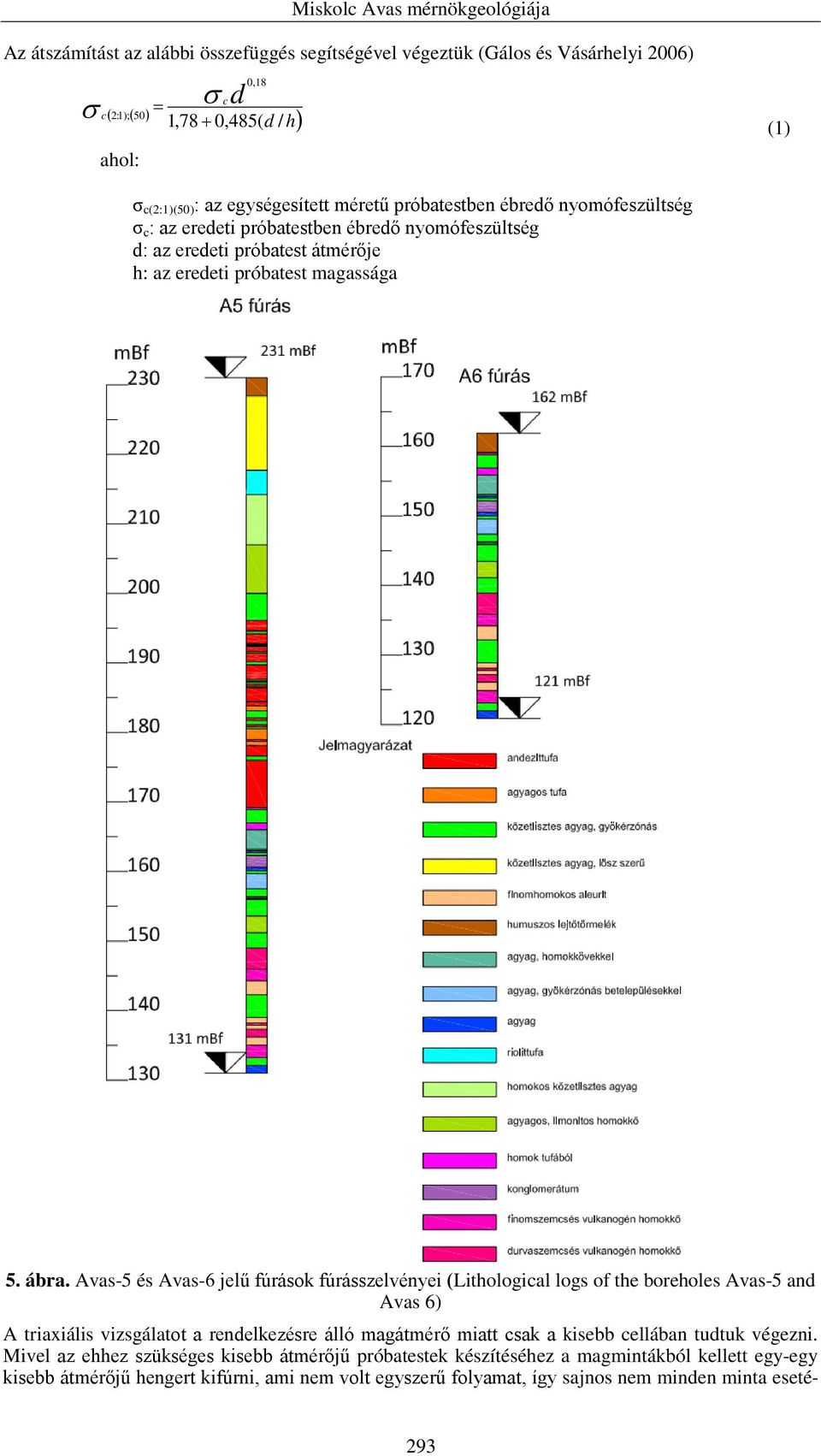 Avas-5 és Avas-6 jelű fúrások fúrásszelvényei (Lithological logs of the boreholes Avas-5 and Avas 6) A triaxiális vizsgálatot a rendelkezésre álló magátmérő miatt csak a kisebb cellában tudtuk