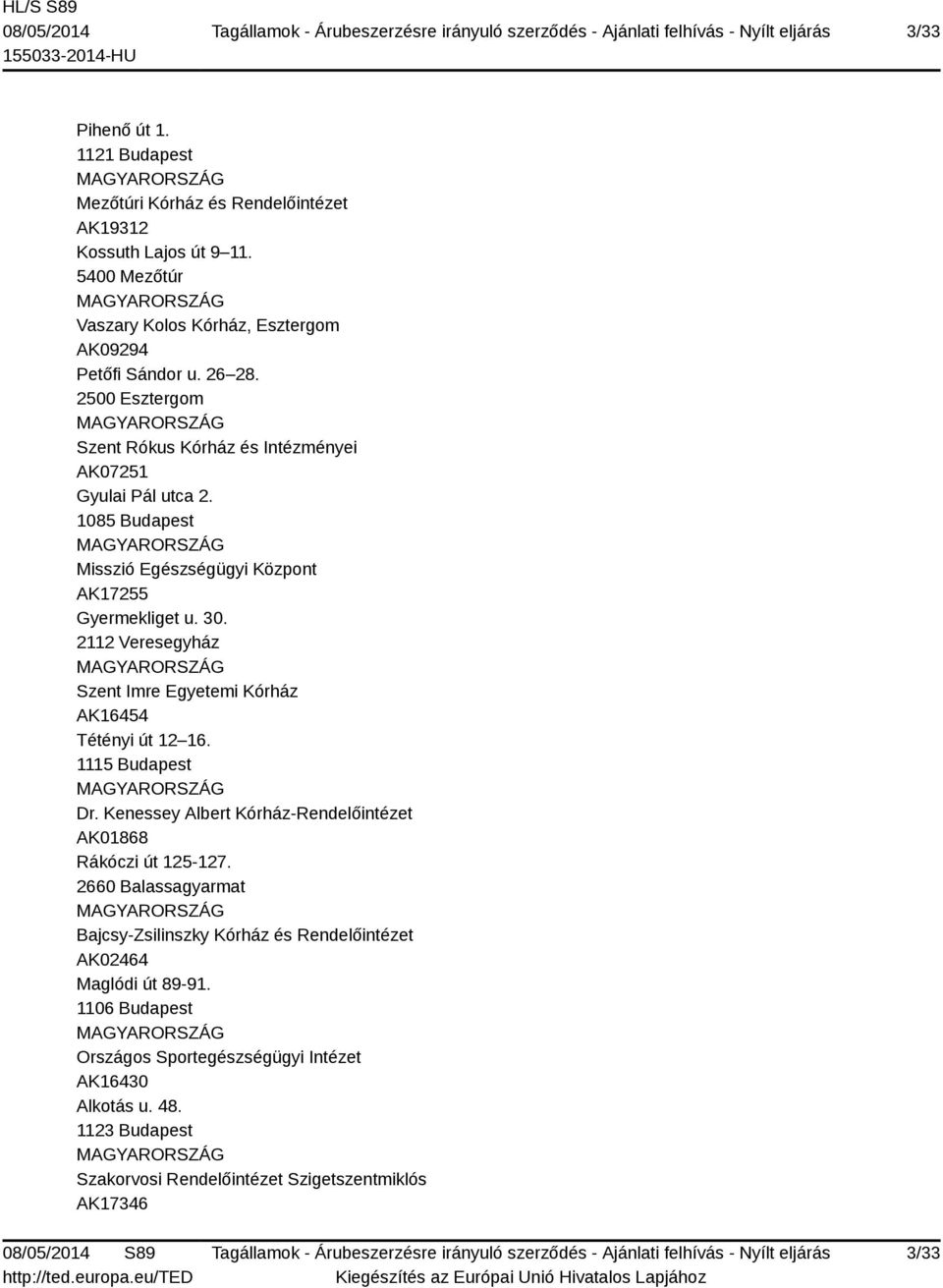 2112 Veresegyház Szent Imre Egyetemi Kórház AK16454 Tétényi út 12 16. 1115 Budapest Dr. Kenessey Albert Kórház-Rendelőintézet AK01868 Rákóczi út 125-127.
