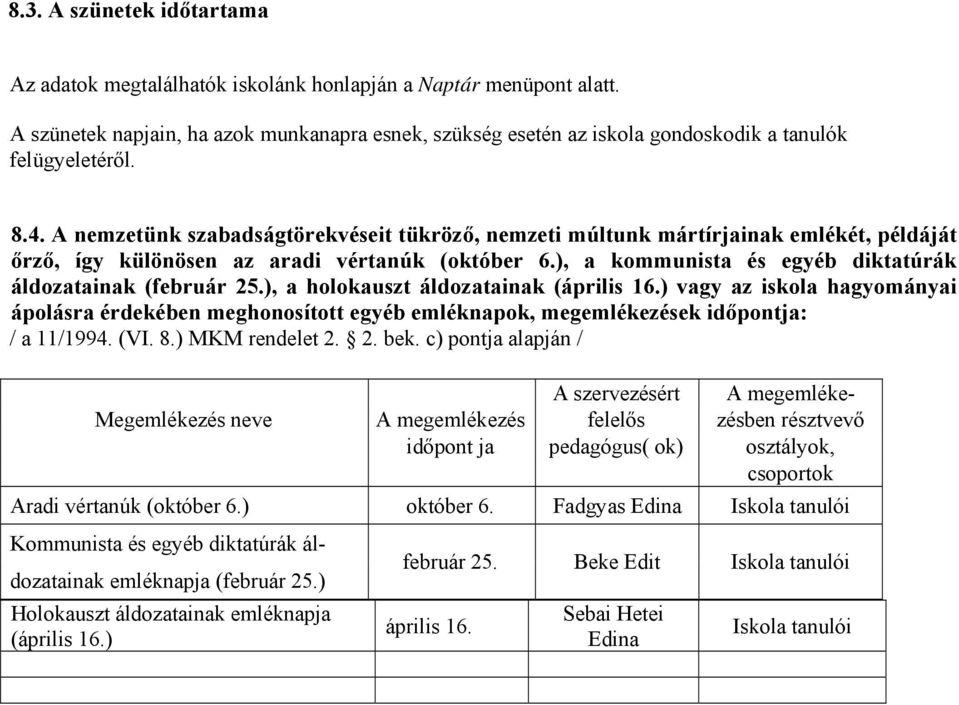 A nemzetünk szabadságtörekvéseit tükröző, nemzeti múltunk mártírjainak emlékét, példáját őrző, így különösen az aradi vértanúk (október 6.), a kommunista és egyéb diktatúrák áldozatainak (február 25.