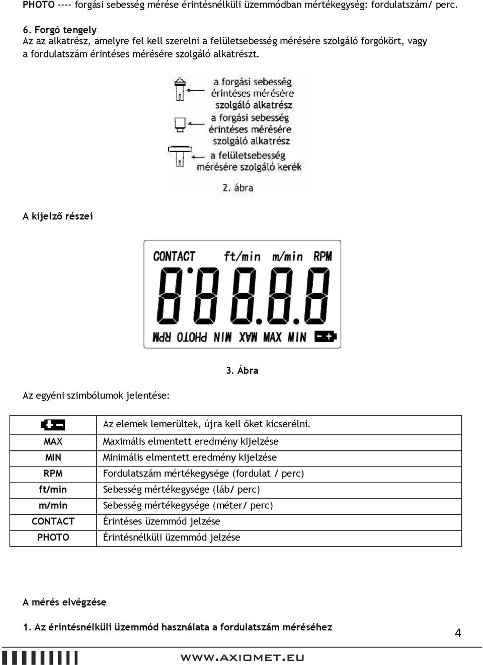 A kijelző részei Az egyéni szimbólumok jelentése: 3. Ábra MAX MIN RPM ft/min m/min CONTACT PHOTO Az elemek lemerültek, újra kell őket kicserélni.