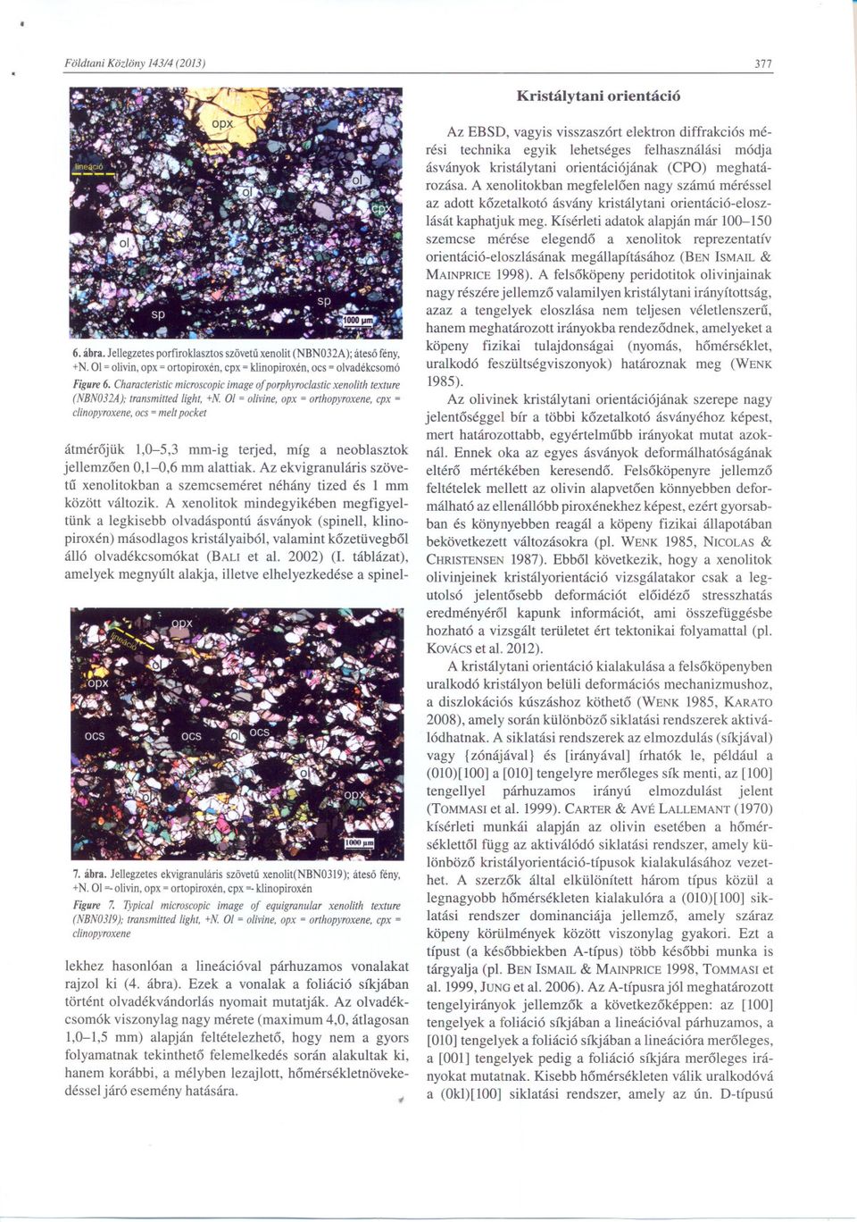 Characteristic microscopic image of porphyroclastic xenolith texture (NBN032A); transmitted light, +N Ol = olivine, opx = orthopyroxene, cpx = clinopyroxene, ocs = melt pocket átmérojük 1,0-5,3 mm-ig