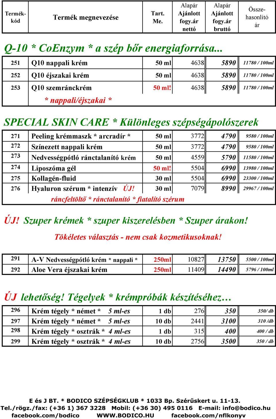 4790 9580 / 100ml 273 Nedvességpótló ránctalanító krém 50 ml 4559 5790 11580 / 100ml 274 Liposzóma gél 50 ml!