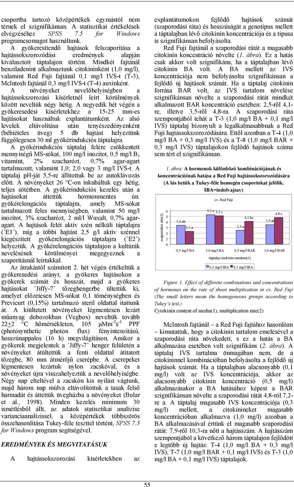 Mindkét fajtánál benziladenint alkalmaztunk citokininként (1,0 mg/l), valamint Red Fuji fajtánál 0,1 mg/l IVS-t (T-3), McIntosh fajtánál 0,3 mg/l IVS-t (T-4) auxinként.