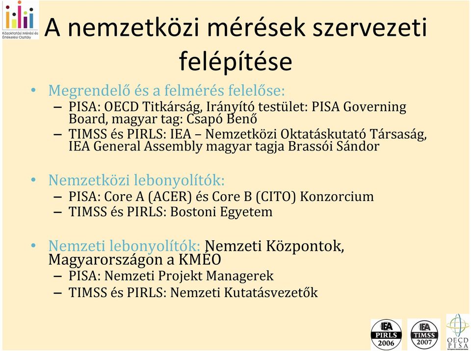 tagja Brassói Sándor Nemzetközi lebonyolítók: PISA: Core A (ACER) és Core B (CITO) Konzorcium TIMSS és PIRLS: Bostoni Egyetem