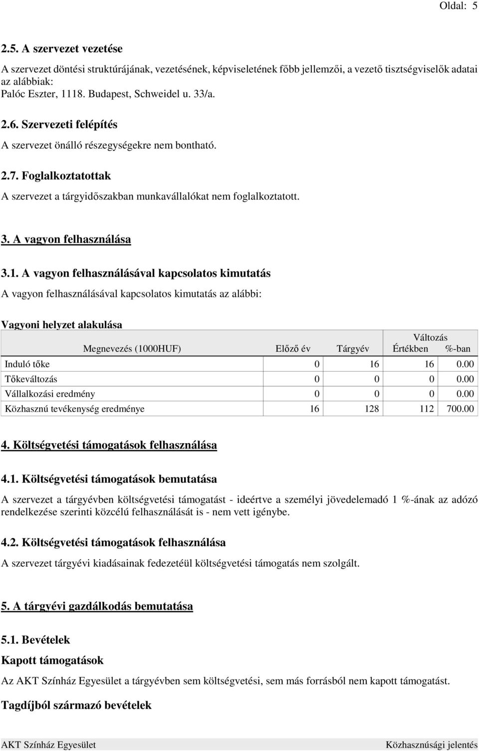 1. A vagyon felhasználásával kapcsolatos kimutatás A vagyon felhasználásával kapcsolatos kimutatás az alábbi: Vagyoni helyzet alakulása Megnevezés (1000HUF) Elızı év Tárgyév Változás Értékben %-ban