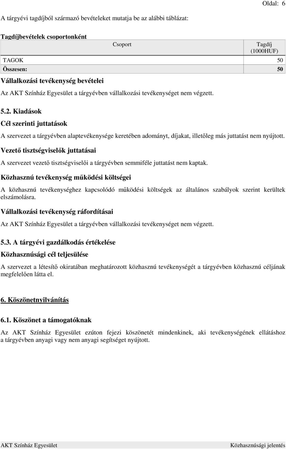 Vezetı tisztségviselık juttatásai A szervezet vezetı tisztségviselıi a tárgyévben semmiféle juttatást nem kaptak.