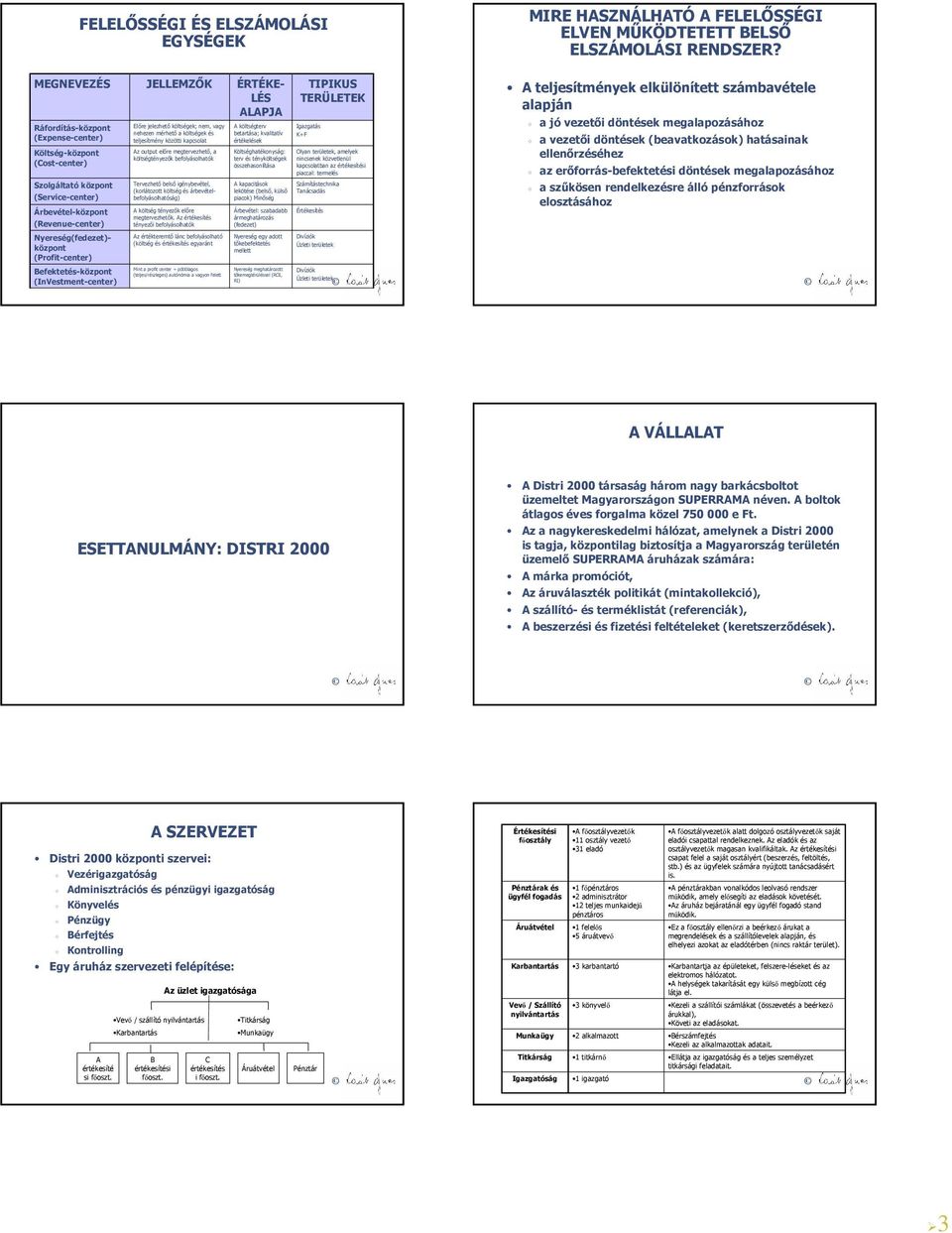 efektetés-központ (InVestment-center) JELLEMZŐK Előre jelezhető költségek; nem, vagy nehezen mérhető a költségek és teljesítmény közötti kapcsolat z output előre megtervezhető, a költségtényezők