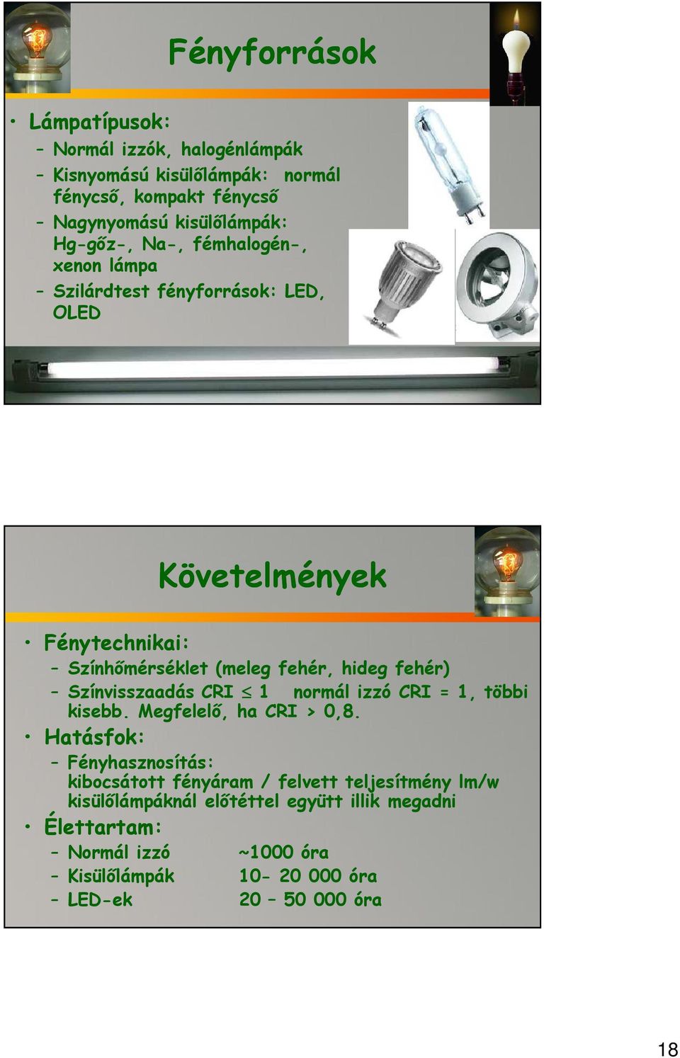 fehér) Színvisszaadás CRI 1 normál izzó CRI = 1, többi kisebb. Megfelelő, ha CRI > 0,8.