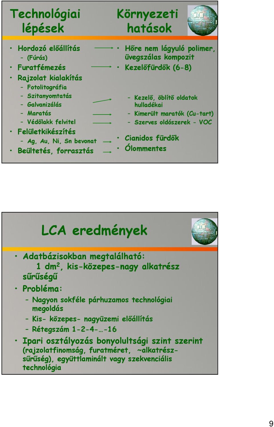 oldószerek - VOC Cianidos fürdők Ólommentes LCA eredmények Adatbázisokban megtalálható: 1 dm 2, kis-közepes-nagy alkatrész sűrűségű Probléma: Nagyon sokféle párhuzamos technológiai megoldás