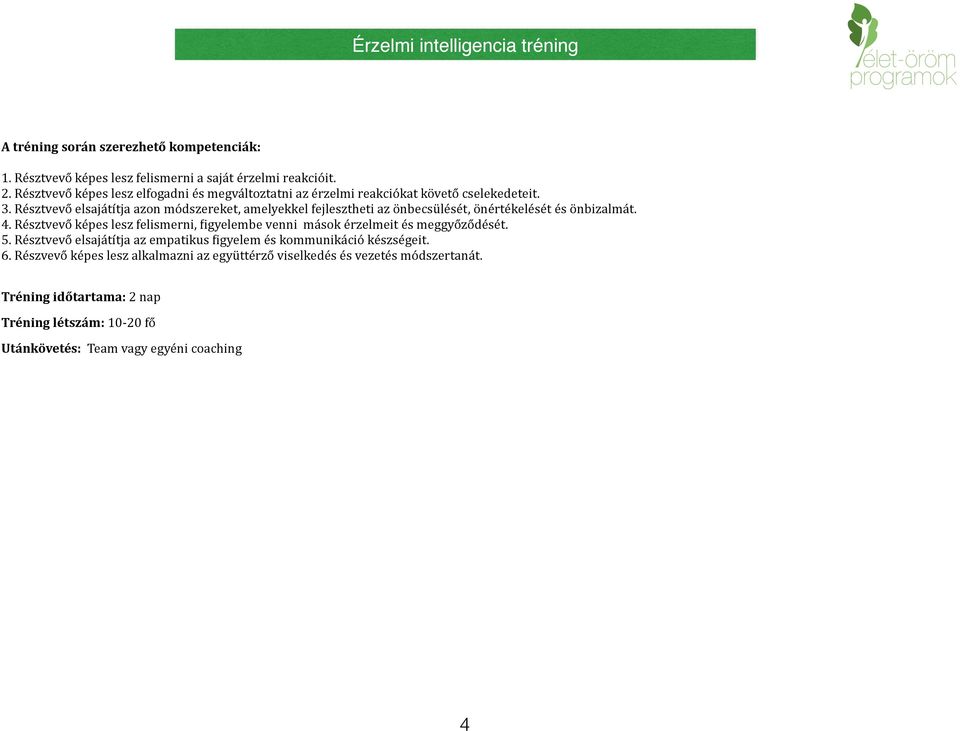 Résztvevő elsajátítja azon módszereket, amelyekkel fejlesztheti az önbecsülését, önértékelését és önbizalmát. 4.