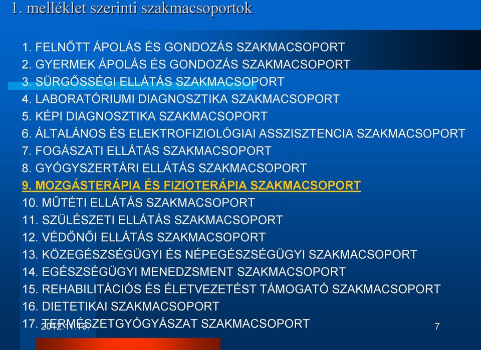 GYÓGYSZERTÁRI ELLÁTÁS SZAKMACSOPORT 9. MOZGÁSTERÁPIA ÉS FIZIOTERÁPIA SZAKMACSOPORT 10. MÛTÉTI ELLÁTÁS SZAKMACSOPORT 11. SZÜLÉSZETI ELLÁTÁS SZAKMACSOPORT 12. VÉDŐNŐI ELLÁTÁS SZAKMACSOPORT 13.