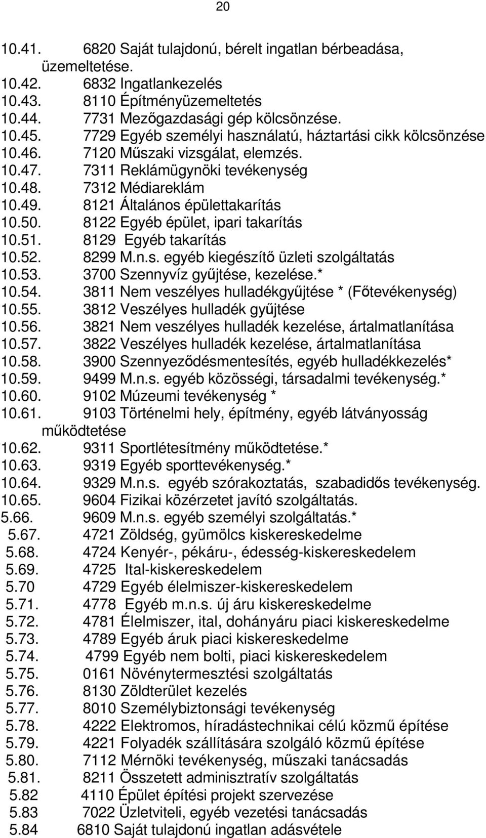 8121 Általános épülettakarítás 10.50. 8122 Egyéb épület, ipari takarítás 10.51. 8129 Egyéb takarítás 10.52. 8299 M.n.s. egyéb kiegészítő üzleti szolgáltatás 10.53. 3700 Szennyvíz gyűjtése, kezelése.