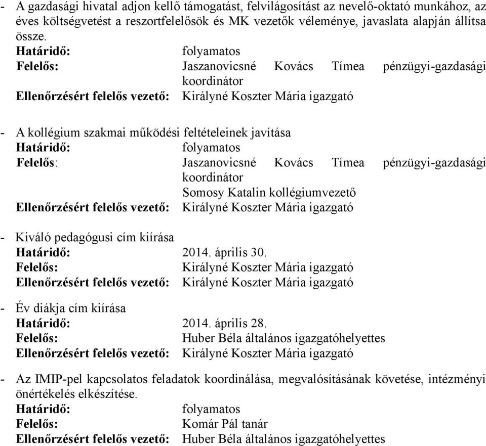 Somosy Katalin kollégiumvezető Ellenőrzésért felelős vezető: - Kiváló pedagógusi cím kiírása 2014. április 30. Ellenőrzésért felelős vezető: - Év diákja cím kiírása 2014. április 28.