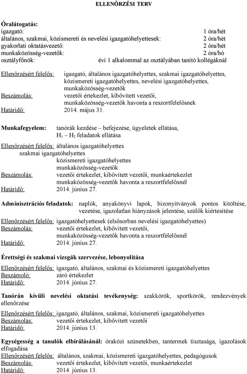 igazgatóhelyettes, munkaközösség-vezetők Beszámolás: vezetői értekezlet, kibővített vezetői, munkaközösség-vezetők havonta a reszortfelelősnek 2014. május 31.