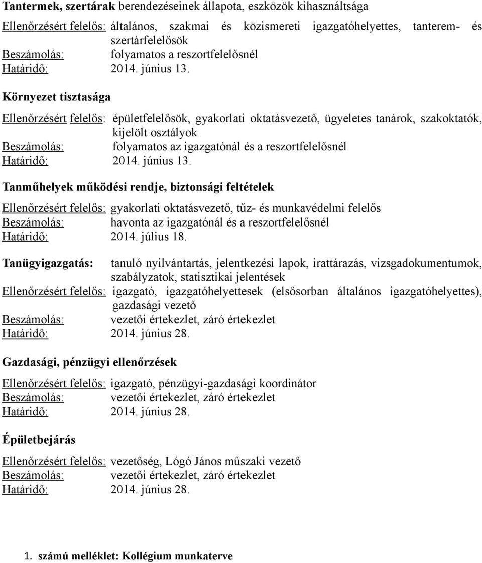Környezet tisztasága Ellenőrzésért felelős: épületfelelősök, gyakorlati oktatásvezető, ügyeletes tanárok, szakoktatók, kijelölt osztályok Beszámolás: az igazgatónál és a  Tanműhelyek működési rendje,