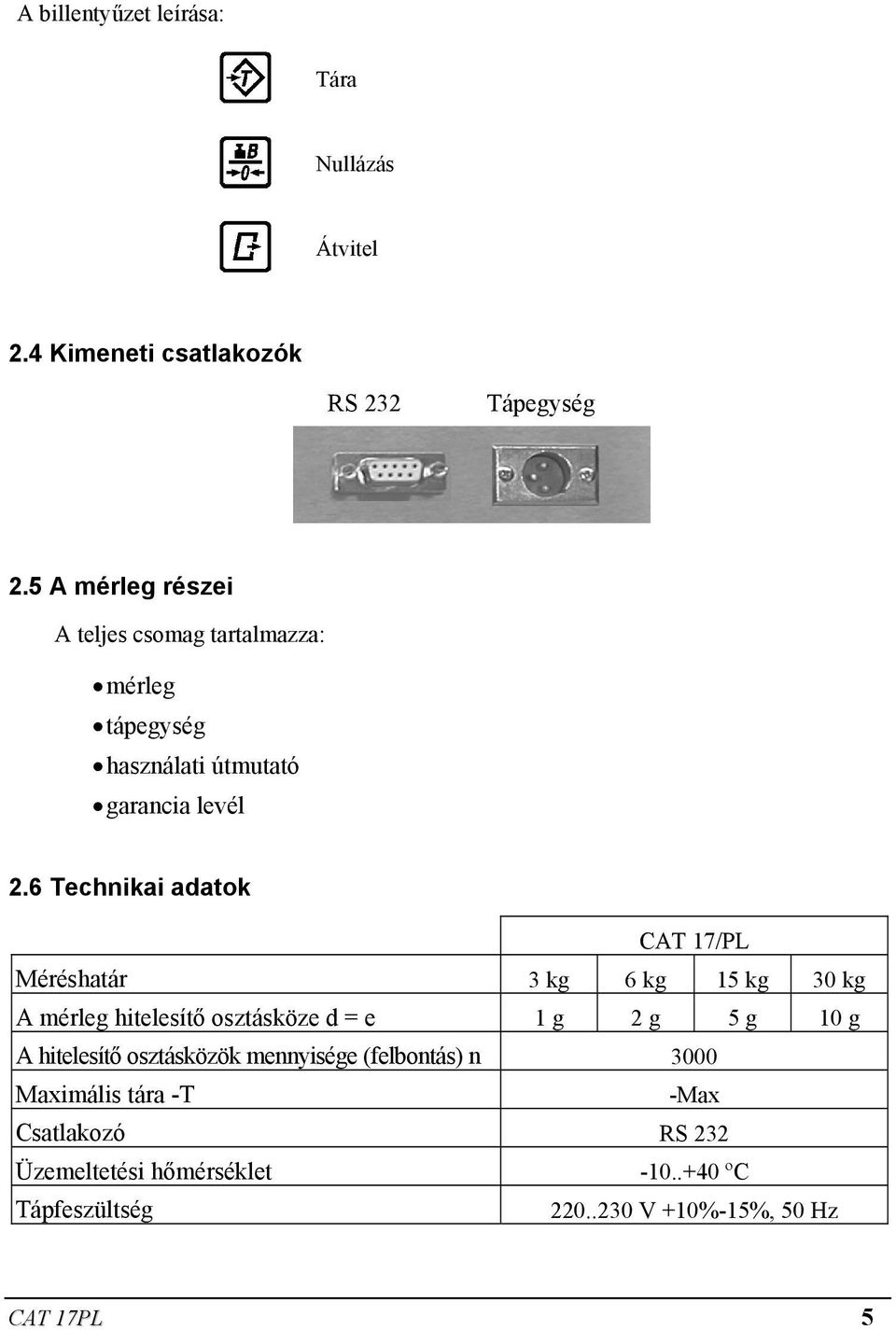 6 Technikai adatok CAT 17/PL Méréshatár 3 kg 6 kg 15 kg 30 kg A mérleg hitelesítő osztásköze d = e 1 g 2 g 5 g 10 g A