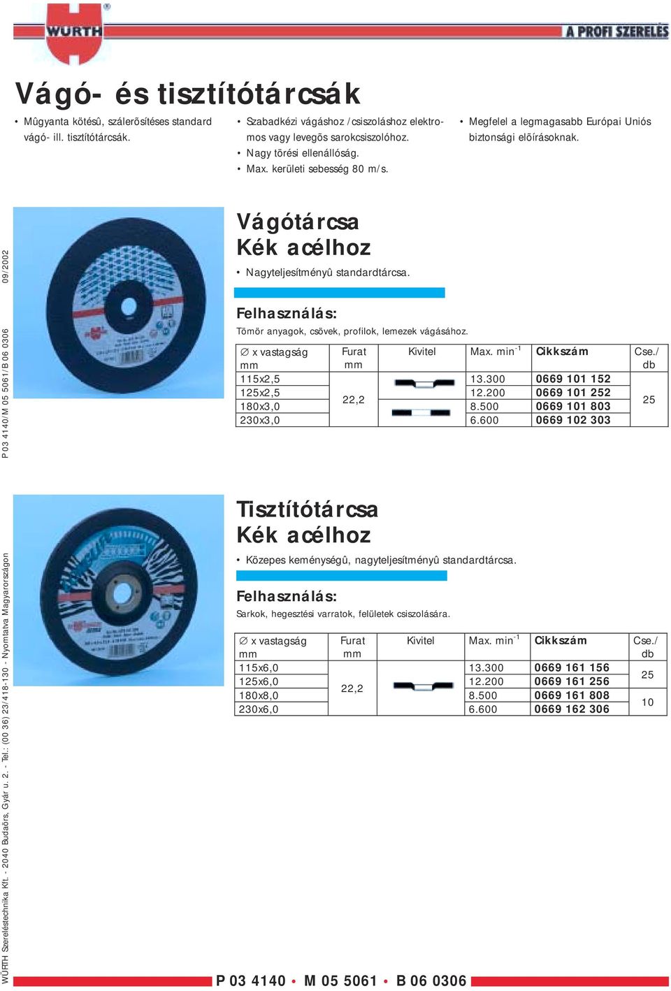 : (00 36) 23/418-130 - Nyomtatva Magyarországon P 03 4140/M 05 5061/B 06 0306 09/2002 Nagyteljesítményû standardtárcsa. Tömör anyagok, csövek, profilok, lemezek vágásához. 115x2,5 13.