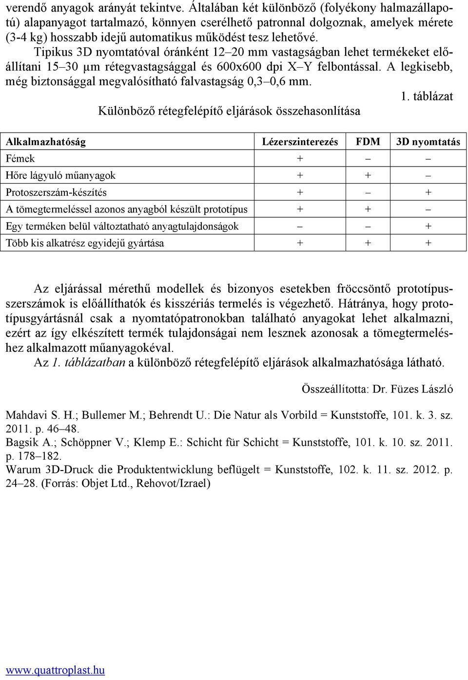 Tipikus 3D nyomtatóval óránként 12 20 mm vastagságban lehet termékeket előállítani 15 30 µm rétegvastagsággal és 600x600 dpi X Y felbontással.