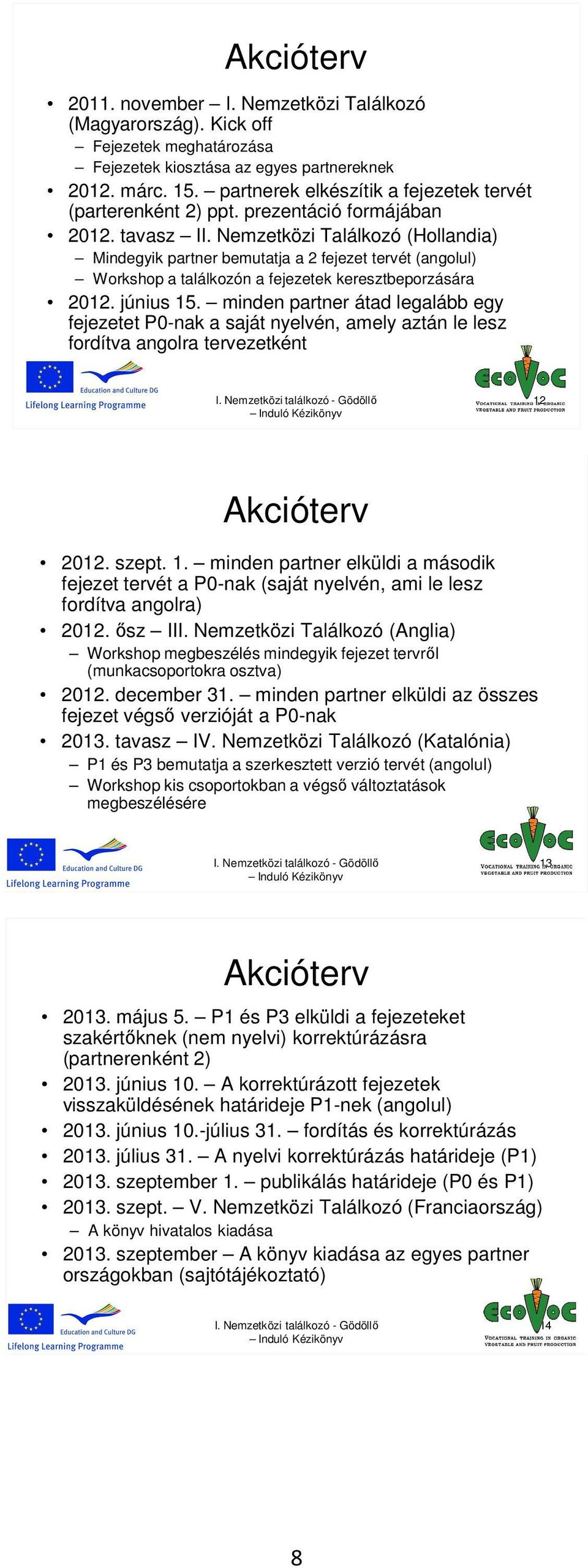 Nemzetközi Találkozó (Hollandia) Mindegyik partner bemutatja a 2 fejezet tervét (angolul) Workshop a találkozón a fejezetek keresztbeporzására 2012. június 15.