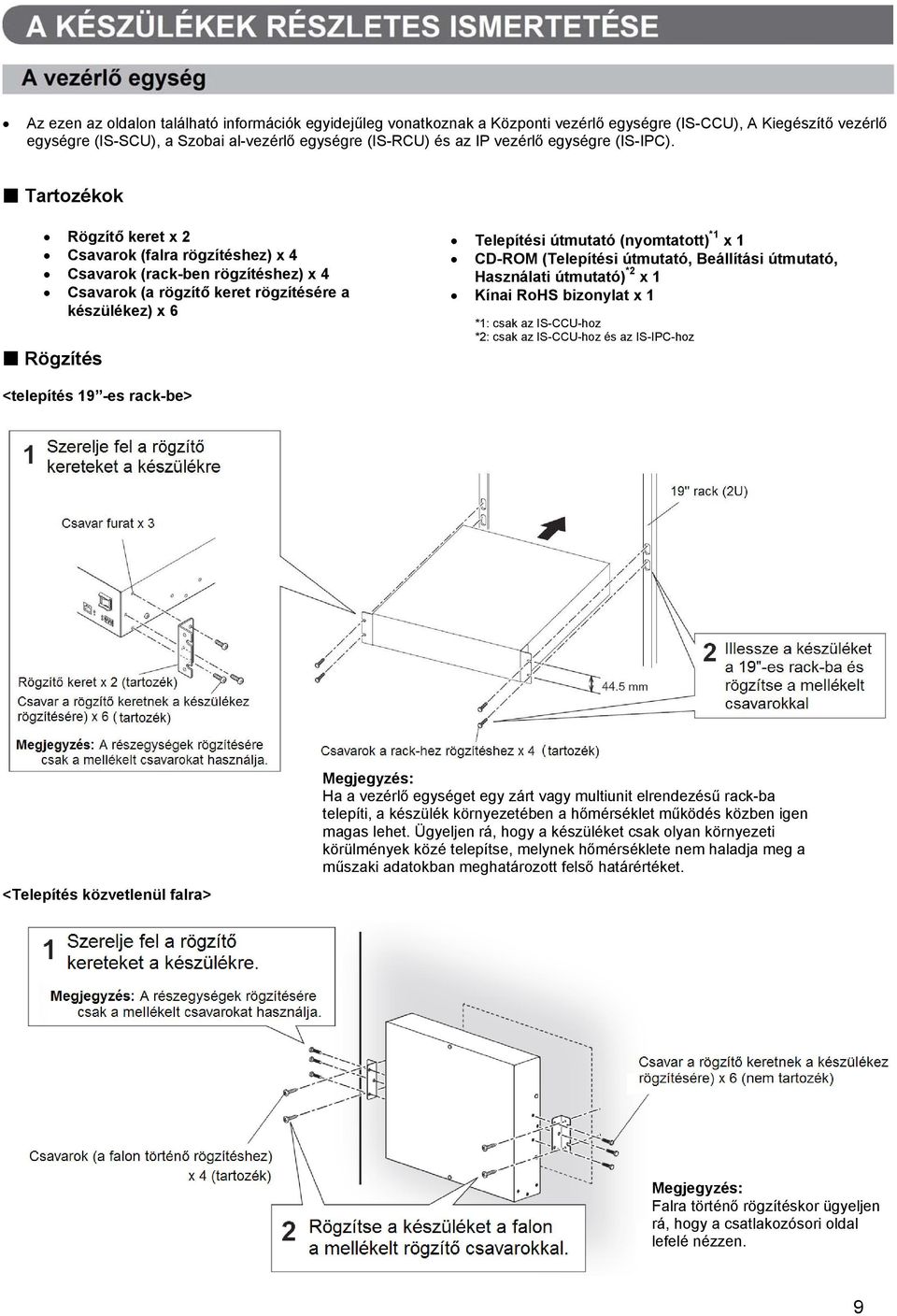 Tartozékok Rögzítő keret x 2 Csavarok (falra rögzítéshez) x 4 Csavarok (rack-ben rögzítéshez) x 4 Csavarok (a rögzítő keret rögzítésére a készülékez) x 6 Rögzítés Telepítési útmutató (nyomtatott) *1