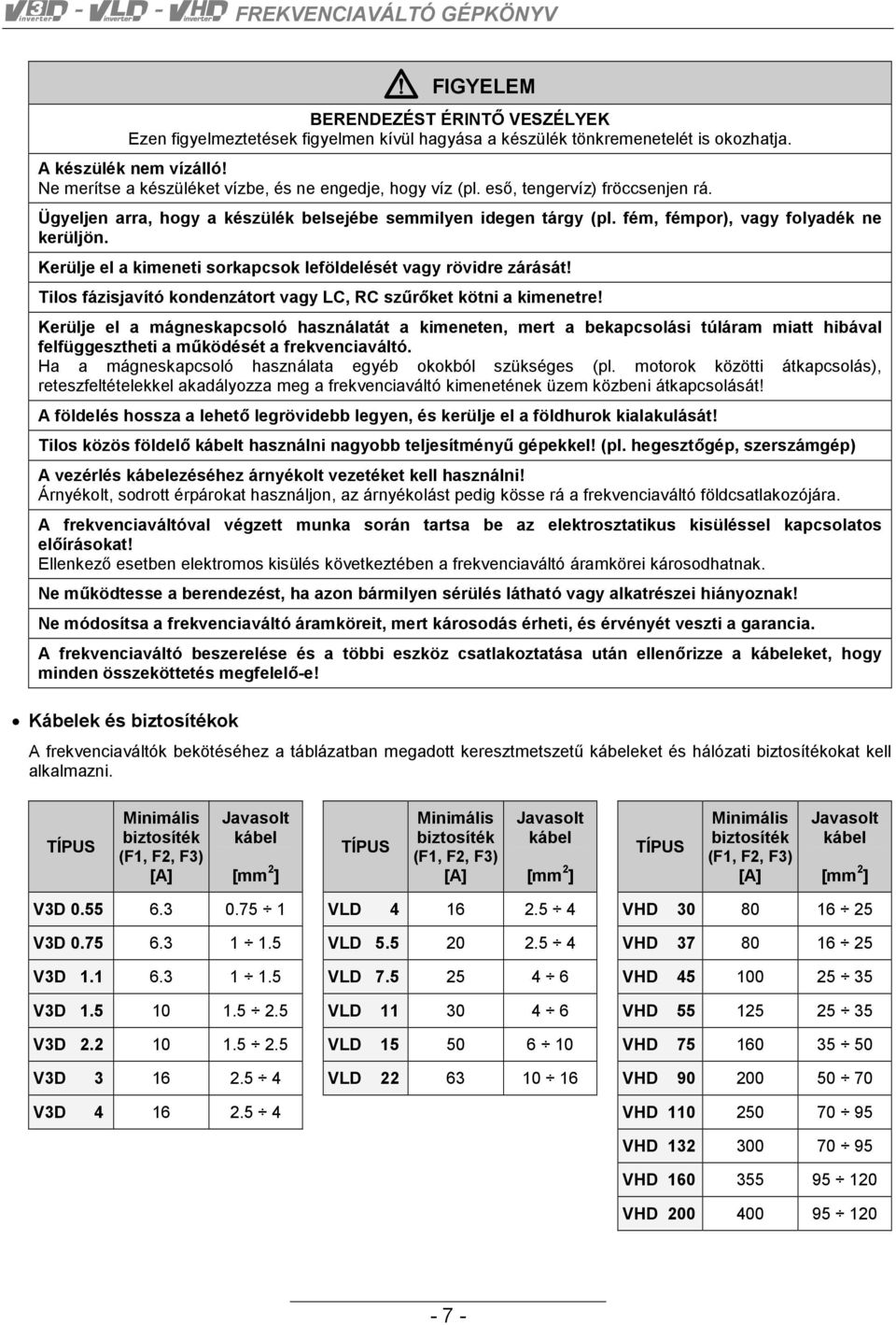 fém, fémpor), vagy folyadék ne kerüljön. Kerülje el a kimeneti sorkapcsok leföldelését vagy rövidre zárását! Tilos fázisjavító kondenzátort vagy LC, RC szűrőket kötni a kimenetre!