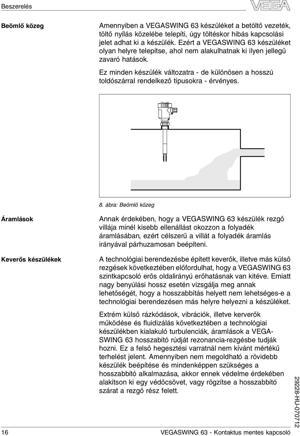 ábra: Beömő közeg Áramások Annak érdekében, hogy a VEGASWING 63 készüék rezgő viája miné kisebb eenáást okozzon a foyadék áramásában, ezért cészerű a viát a foyadék áramás irányáva párhuzamosan