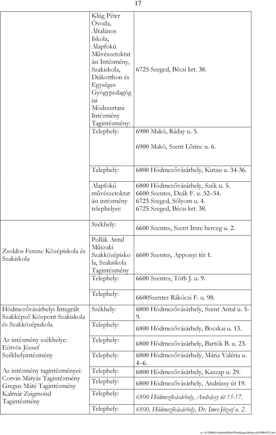 Alapfokú mővészetoktat ási intézmény telephelyei: 6800 Hódmezıvásárhely, Szék u. 5. 6600 Szentes, Deák F. u. 52 54. 6723 Szeged, Sólyom u. 4. 6725 Szeged, Bécsi krt. 38.