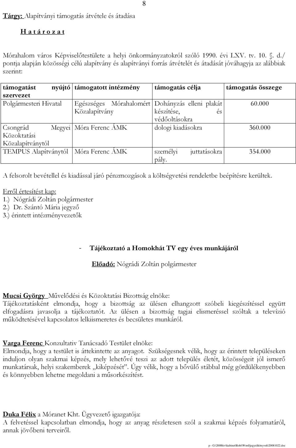 célja támogatás összege Egészséges Mórahalomért Dohányzás elleni plakát 60.000 Közalapítvány készítése, és védıoltásokra Móra Ferenc ÁMK dologi kiadásokra 360.