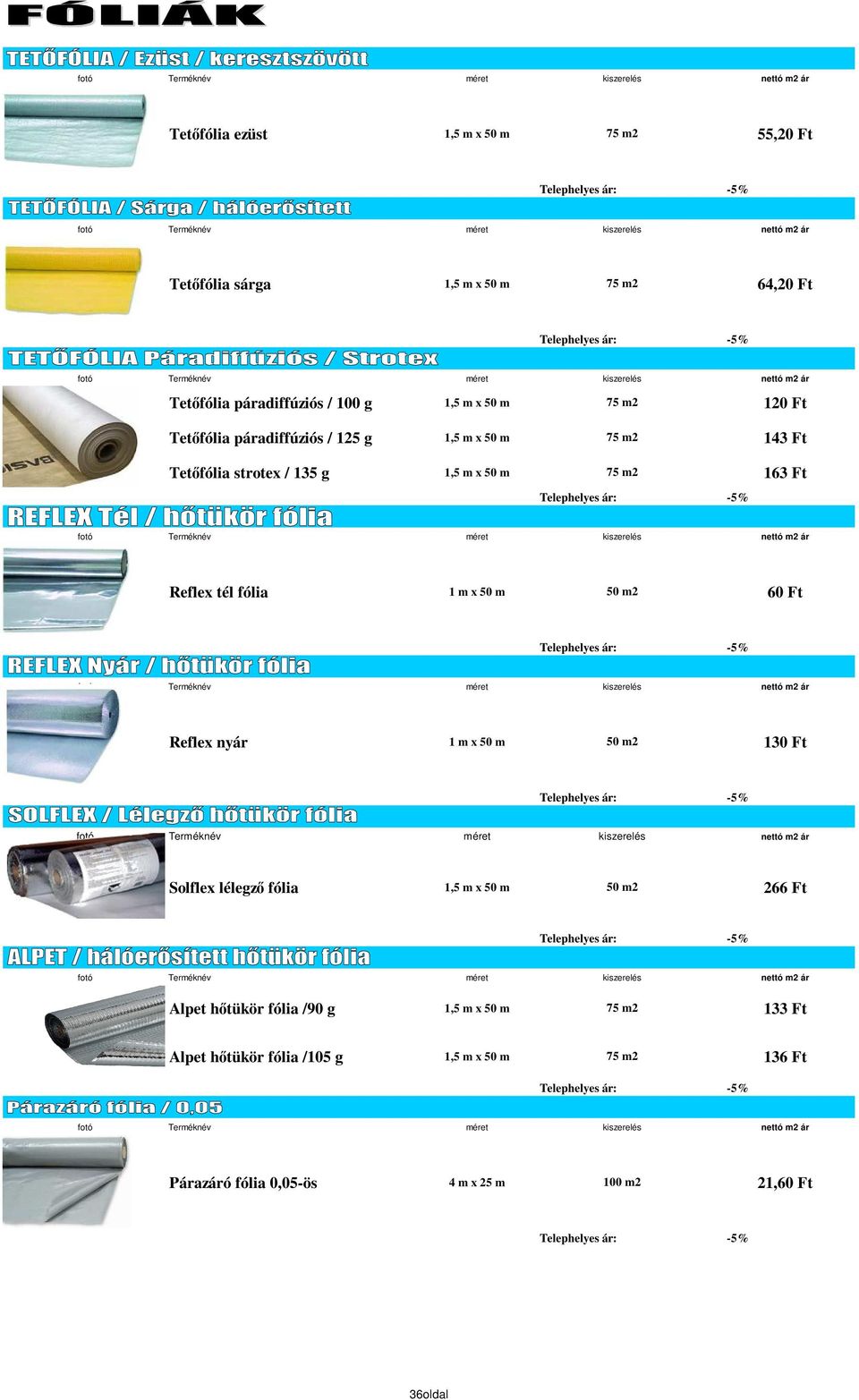 fólia 1 m x 50 m 50 m2 60 Ft Reflex nyár 1 m x 50 m 50 m2 130 Ft Solflex lélegzı fólia 1,5 m x 50 m 50 m2 266 Ft Alpet hıtükör fólia