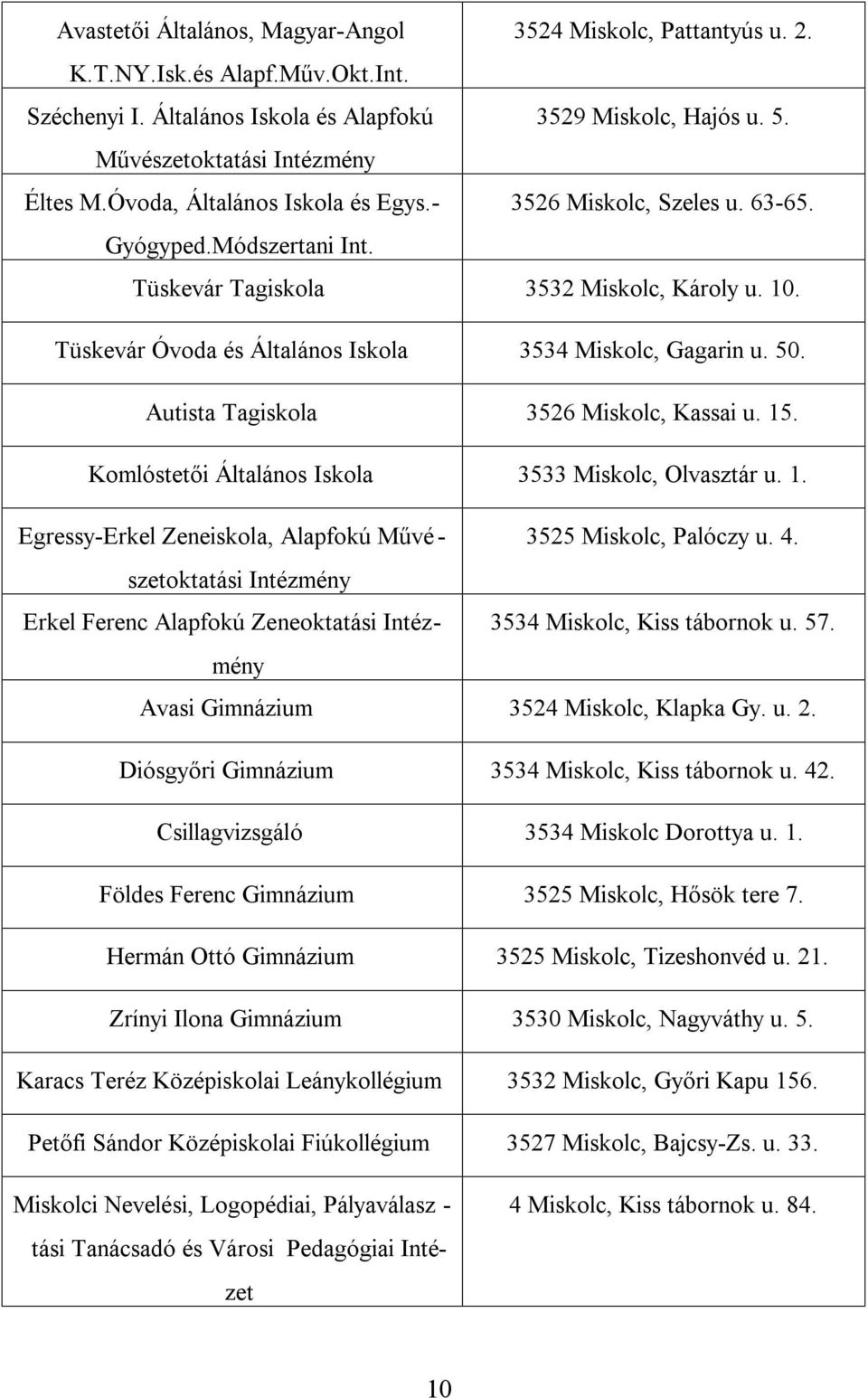 Tüskevár Óvoda és Általános Iskola 3534 Miskolc, Gagarin u. 50. Autista Tagiskola 3526 Miskolc, Kassai u. 15. Komlóstetői Általános Iskola 3533 Miskolc, Olvasztár u. 1. Egressy-Erkel Zeneiskola, Alapfokú Művé - 3525 Miskolc, Palóczy u.