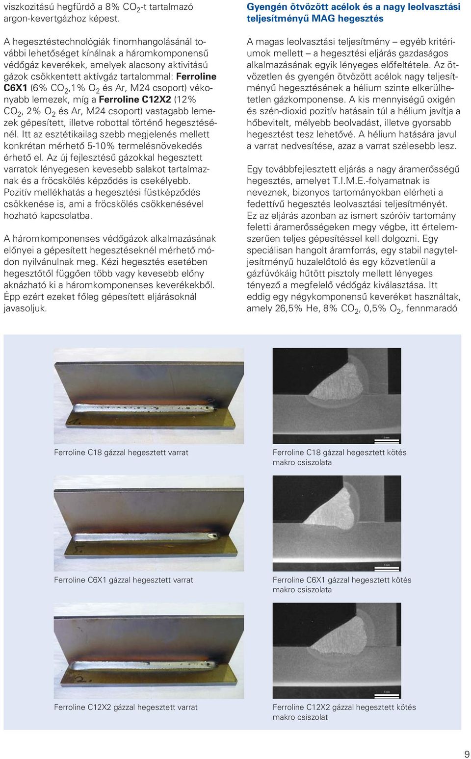 O és Ar, M4 csoport) vé ko nyabb lemezek, míg a Ferroline CX (% CO, % O és Ar, M4 csoport) vastagabb le me zek gépesített, illetve robottal történô hegesz té sé nél.