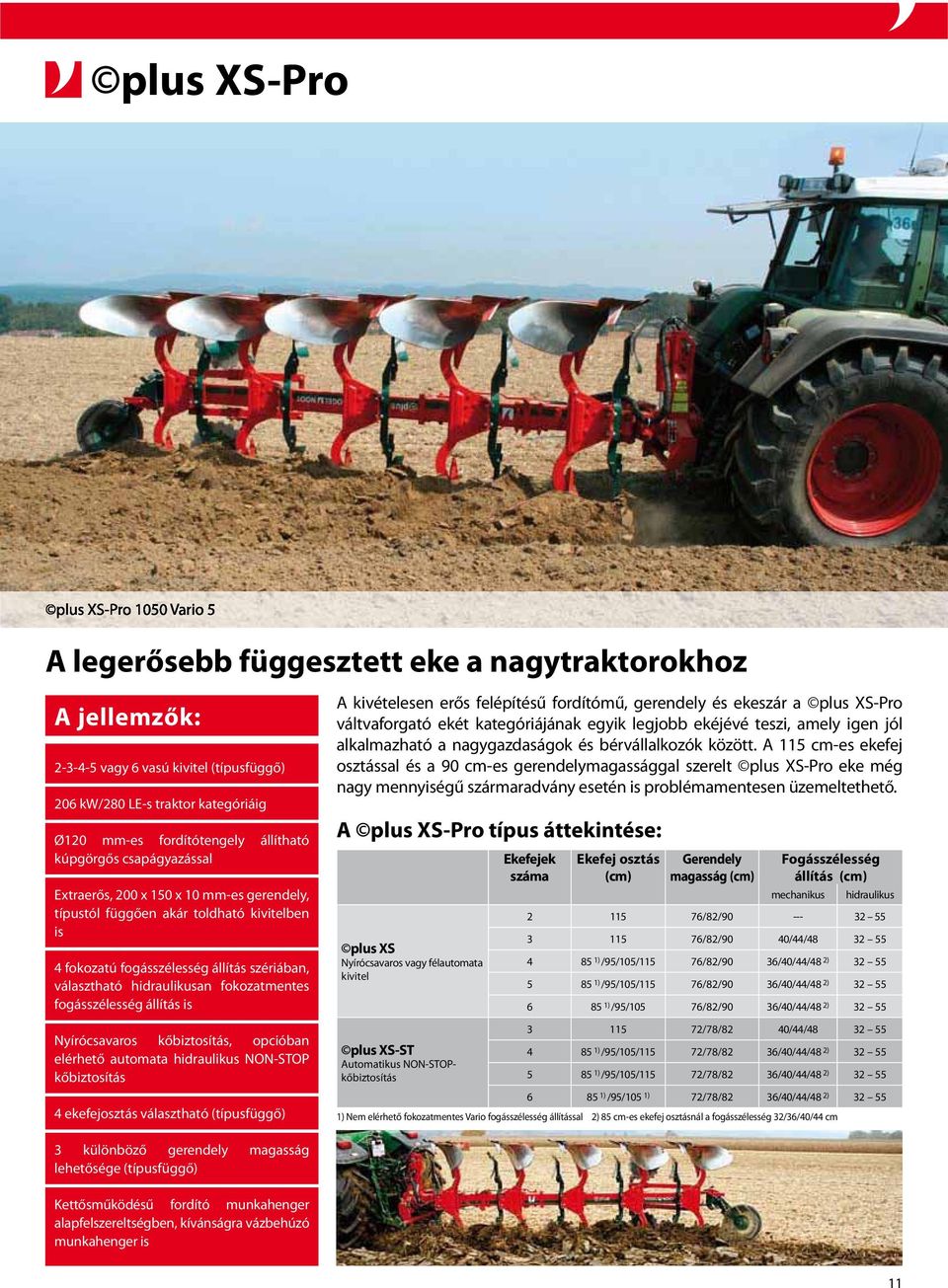 kategóriájának egyik legjobb ekéjévé teszi, amely igen jól osztással és a 90 cm-es gerendelymagassággal szerelt plus XS-Pro eke még nagy mennyiségű szármaradvány esetén is problémamentesen