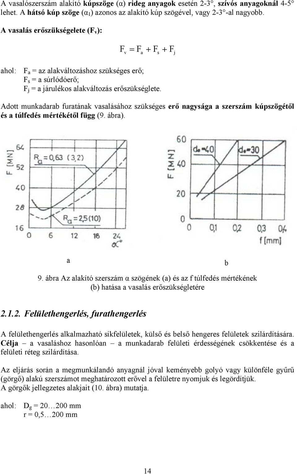 Adott munkadarab furatának vasalásához szükséges erő nagysága a szerszám kúpszögétől és a túlfedés mértékétől függ (9. ábra). a b 9.