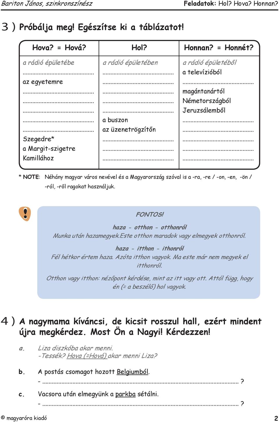 NOTE: Néhány magyar város nevével és a Magyarország szóval is a -ra, -re / -on, -en, -ön / -ról, -ről ragokat használjuk. FONTOS haza - otthon - otthonról Munka után hazamegyek.