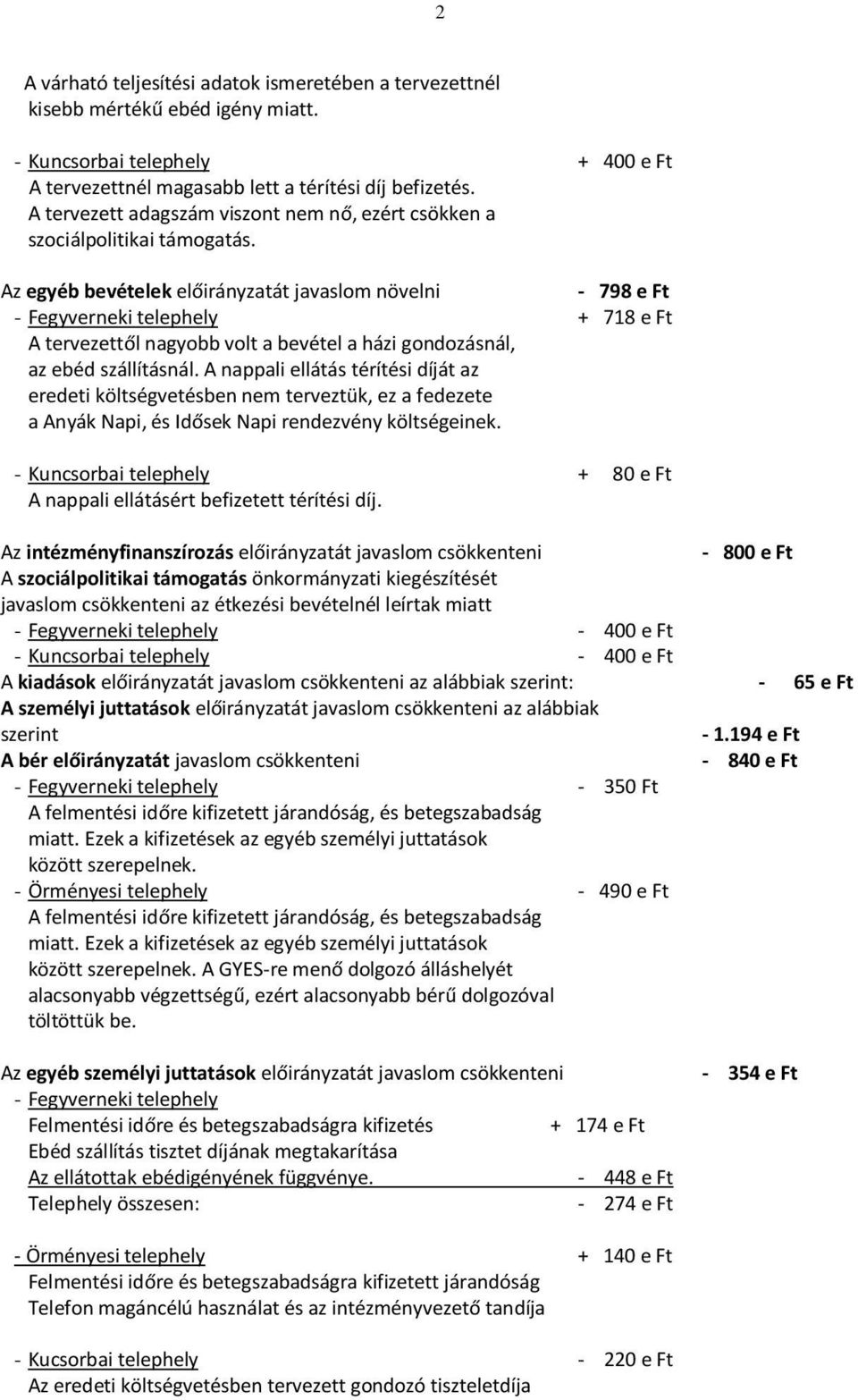 Az egyéb bevételek előirányzatát javaslom növelni - 798 e Ft - Fegyverneki telephely + 718 e Ft A tervezettől nagyobb volt a bevétel a házi gondozásnál, az ebéd szállításnál.