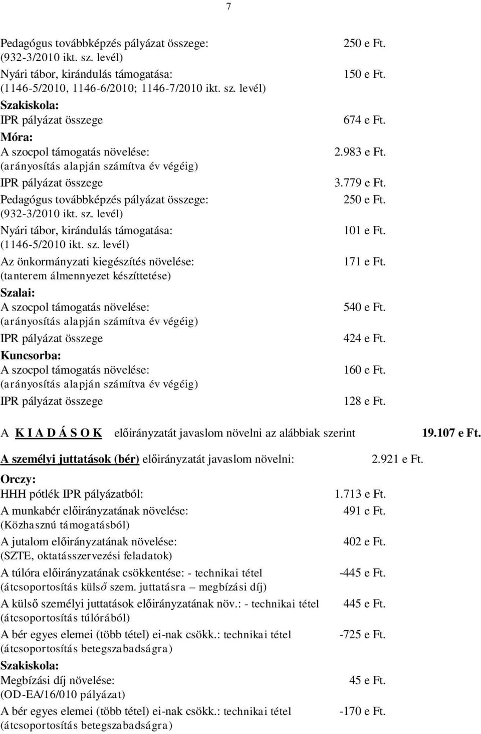 levél) Szakiskola: IPR pályázat összege Móra: A szocpol támogatás növelése: (arányosítás alapján számítva év végéig) IPR pályázat összege Pedagógus továbbképzés pályázat összege: (932-3/2010 ikt. sz. levél) Nyári tábor, kirándulás támogatása: (1146-5/2010 ikt.