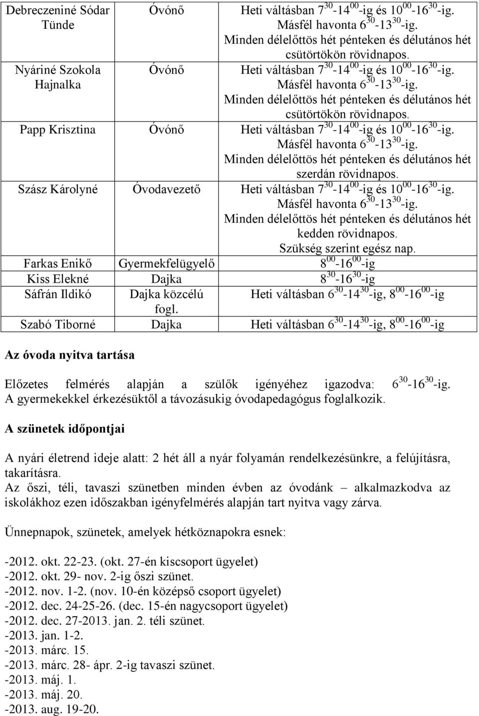 Farkas Enikő Gyermekfelügyelő 8 00-16 00 -ig Kiss Elekné Dajka 8 30-16 30 -ig Sáfrán Ildikó Dajka közcélú Heti váltásban 6 30-14 30 -ig, 8 00-16 00 -ig fogl.