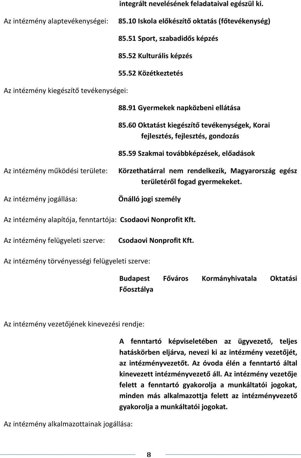 59 Szakmai továbbképzések, előadások Az intézmény működési területe: Az intézmény jogállása: Körzethatárral nem rendelkezik, Magyarország egész területéről fogad gyermekeket.