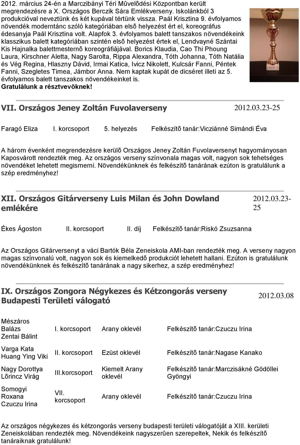 évfolyamos balett tanszakos növendékeink klasszikus balett kategóriában szintén elsõ helyezést értek el, Lendvayné Szántai Kis Hajnalka balettmesternõ koreográfiájával.