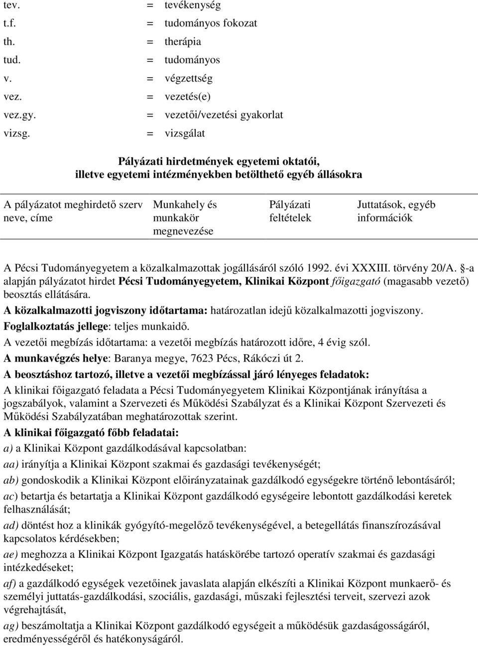 feltételek Juttatások, egyéb információk A Pécsi Tudományegyetem a közalkalmazottak jogállásáról szóló 1992. évi XXXIII. törvény 20/A.